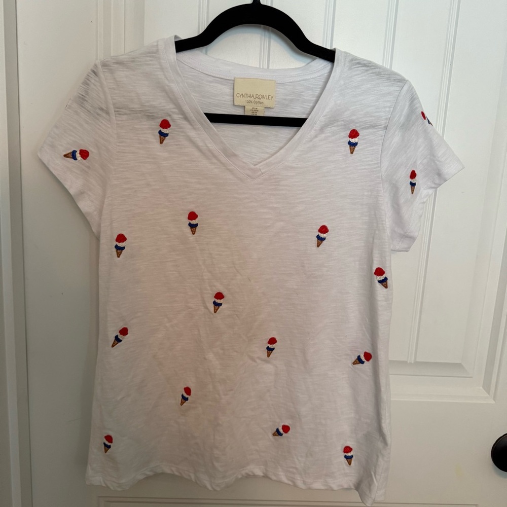 Cynthia Rowley White V-Neck Tee with Red & Blue Ice Cream Embroidery - Picture 6 of 6